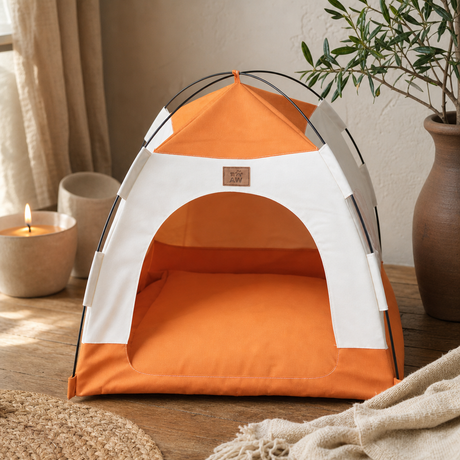 PAW Bed – Beige & Orange Tent – 58 × 58 × 48 cm — styled in a warm, naturally lit interior