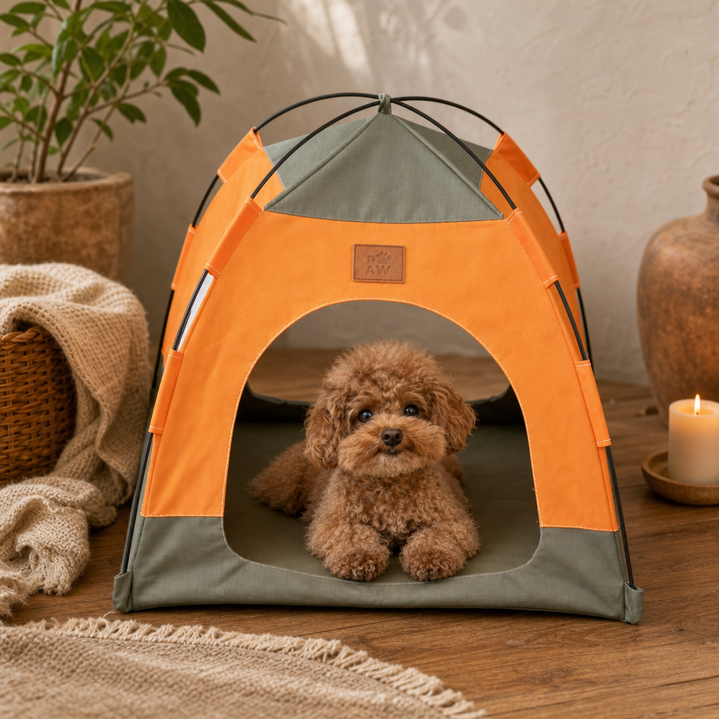 PAW Bed – Green & Orange Tent – 48 × 48 × 40 cm — styled in a warm, naturally lit interior