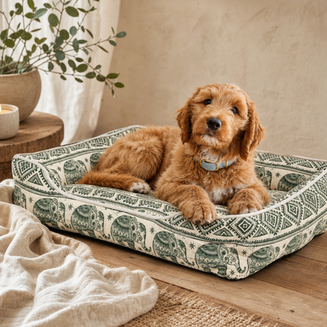 PAW Bed – Lucky Elephant – Green – 60 × 50 × 14 cm — styled in a warm, naturally lit interior