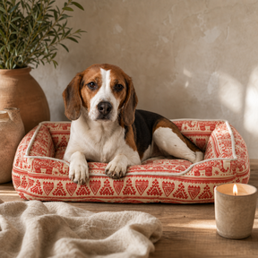 PAW Bed – Lucky Elephant – Red – 60 × 50 × 14 cm — styled in a warm, naturally lit interior