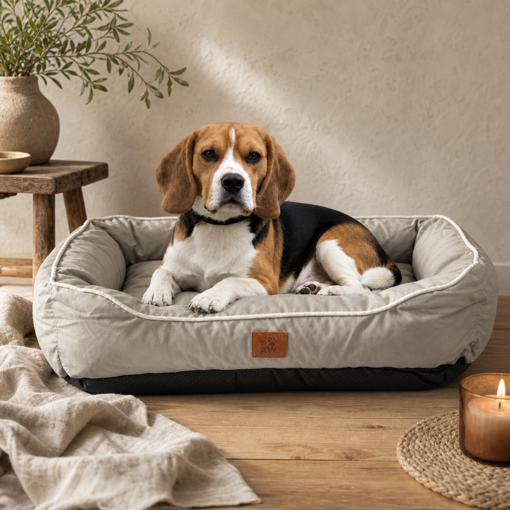 PAW Bed – Medium Khaki Beige – 70 × 60 × 15 cm — styled in a warm, naturally lit interior