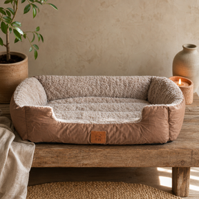 PAW Bed – Medium Plush Teddy Brown – 70 × 55 × 18 cm — styled in a warm, naturally lit interior