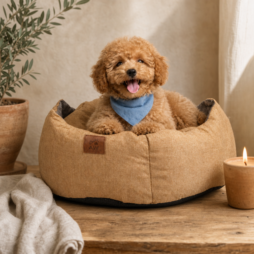 Paw Bed – Medium Royal Crown – Sand & Grey – 50 × 50 × 26 cm — styled in a warm, naturally lit interior
