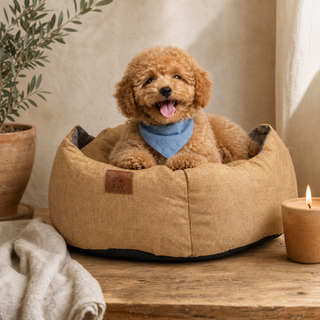 Paw Bed – Medium Royal Crown – Sand & Grey – 50 × 50 × 26 cm — styled in a warm, naturally lit interior