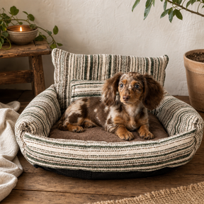 PAW Bed – Small Sofa – Brown Stripes – 50 × 50 × 26 cm — styled in a warm, naturally lit interior