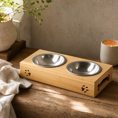 PAW Food Bowls - Double Stainless Steel in Wooden Stand - 2 × 12 cm — styled in a warm, naturally lit interior