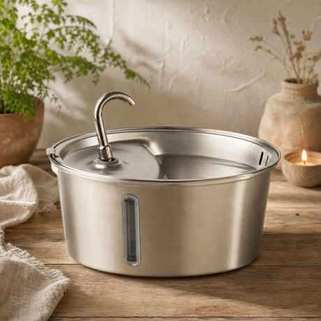 PAW Food Bowls - Electric Water Fountain 2.5 Litre - USB - Stainless Steel (304) — styled in a warm, naturally lit interior