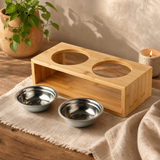 PAW Food Bowls - Large Double Stainless Steel (201) in Wooden Stand - 2 × 13 cm — styled in a warm, naturally lit interior