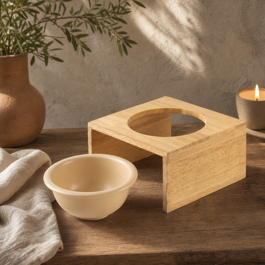 PAW Food Bowls - Large Single Ceramic in Wooden Stand - 14cm — styled in a warm, naturally lit interior