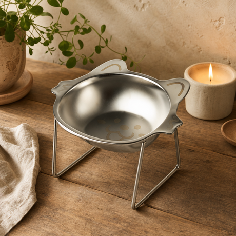 PAW Food Bowls - Single Cat Bowl in Stand - Stainless Steel (304) — styled in a warm, naturally lit interior