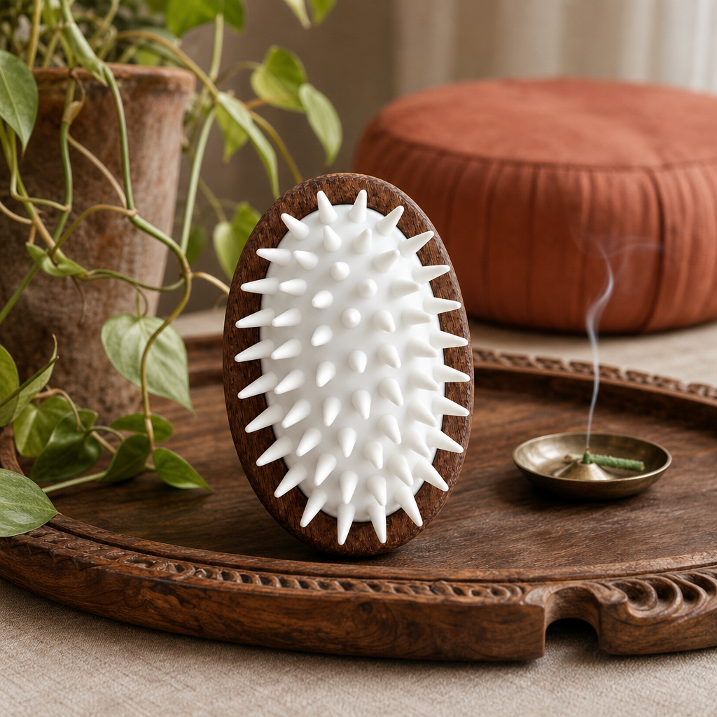 PAW Grooming Tools - Scrub and Soft Rubber Massage - Walnut — styled in a warm, naturally lit interior
