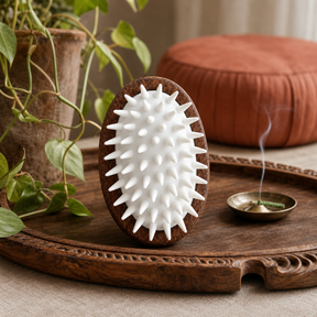 PAW Grooming Tools - Scrub and Soft Rubber Massage - Walnut — styled in a warm, naturally lit interior