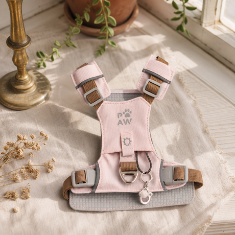 PAW - S (4-8Kg) Dog Step-in Guardian Harness with Reflective Mesh - Soft Pink - Rose Quartz Charm — styled in a warm, naturally lit interior