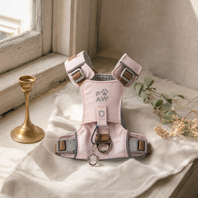 PAW - XS (2-4Kg) Dog Step-in Guardian Harness with Reflective Mesh - Soft Pink - Rose Quartz Charm — styled in a warm, naturally lit interior