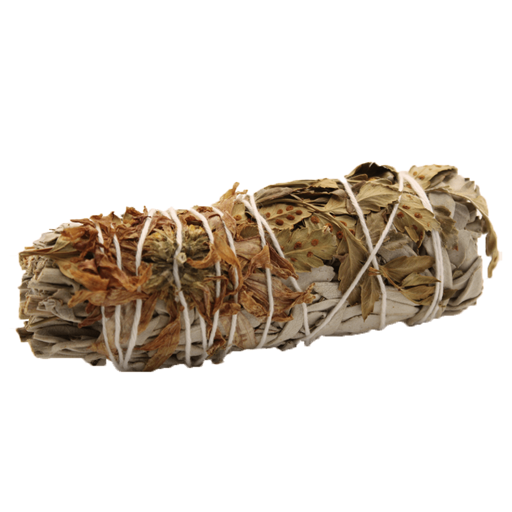 Peaceful Sage Smudge Stick with Natural Green Mirton Leaves & Orange Mini Daisy - 10cm - SHAMTAM.COM