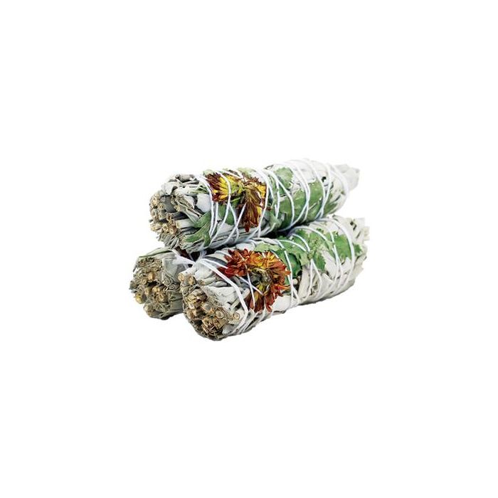 Peaceful Sage Smudge Stick with Natural Green Mirton Leaves & Orange Mini Daisy - 10cm - SHAMTAM.COM
