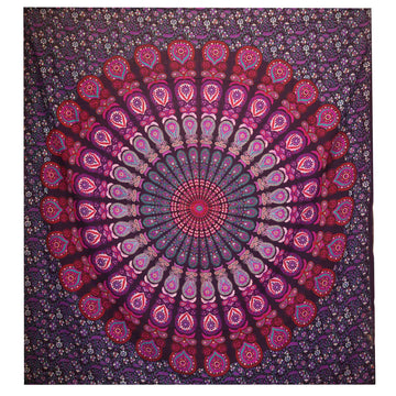 Peacock Mandala Tapestry Cotton Bedspread Purple