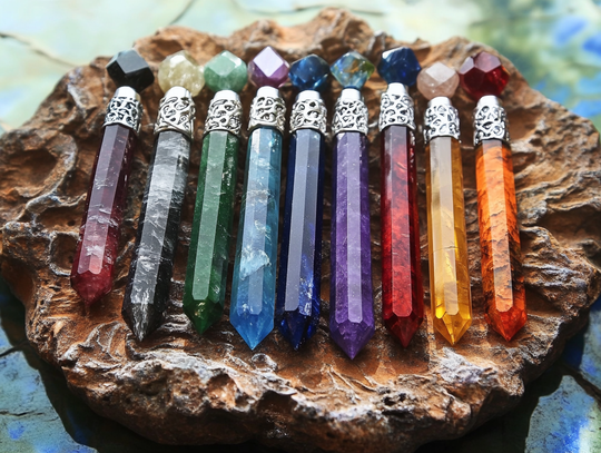 Une baguette de soin en cristal guidée lentement sur les sept chakras du corps pendant une pratique d’harmonisation apaisée