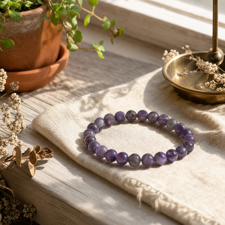 Petite Power Bracelet (17cmx6mm) - Amethyst — styled in a warm, naturally lit interior