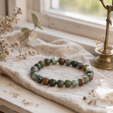 Petite Power Bracelet (17cmx6mm) - Moss Agate — styled in a warm, naturally lit interior