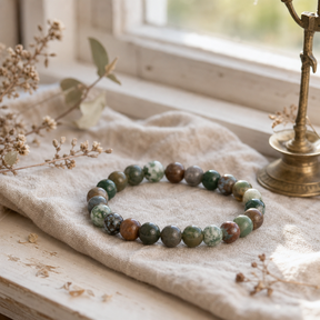 Petite Power Bracelet (17cmx6mm) - Moss Agate — styled in a warm, naturally lit interior