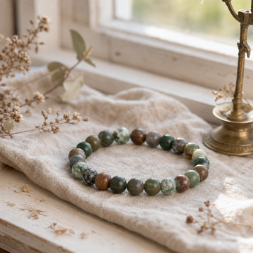 Petite Power Bracelet (17cmx6mm) - Moss Agate — styled in a warm, naturally lit interior