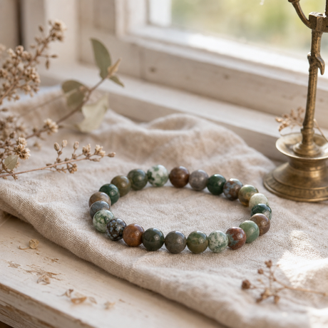 Petite Power Bracelet (17cmx6mm) - Moss Agate — styled in a warm, naturally lit interior
