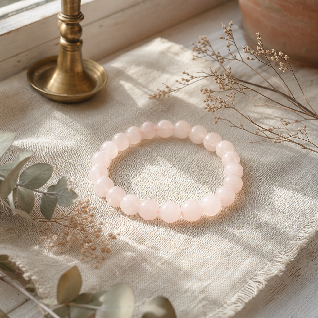 Petite Power Bracelet (17cmx6mm) - Rose Quartz — styled in a warm, naturally lit interior