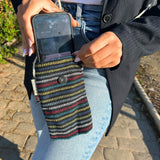 Colorful Striped Fox Face Phone Holder Bag with Strap - Black & Multi Fabric Pouch for Casual Use - SHAMTAM.COM