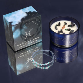 Pisces Zodiac Crystal Candle & Gemstone Bracelet Set - Moonstone, Turquoise, Aquamarine | Celestial Souls Collection - SHAMTAM.COM