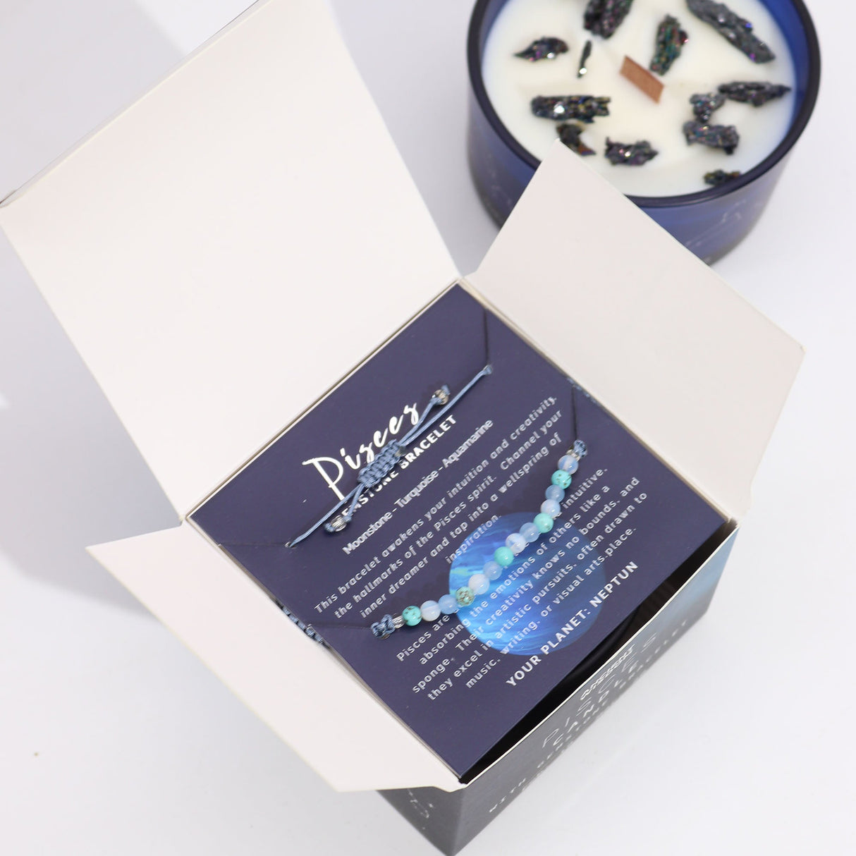 Pisces Zodiac Crystal Candle & Gemstone Bracelet Set - Moonstone, Turquoise, Aquamarine | Celestial Souls Collection - SHAMTAM.COM