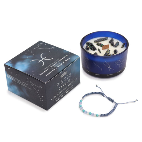 Pisces Zodiac Crystal Candle & Gemstone Bracelet Set - Moonstone, Turquoise, Aquamarine | Celestial Souls Collection - SHAMTAM.COM
