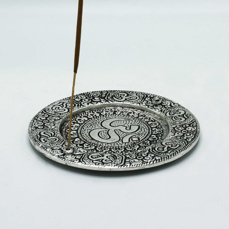 Polished Aluminium Om Round Incense Holder 11cm - SHAMTAM.COM