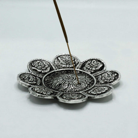 Polished Aluminium Tibetan Symbols Incense Holder 12cm - SHAMTAM.COM