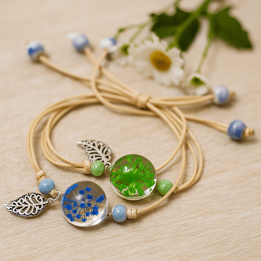 Pressed Flower Bracelet With Leaf In Glass - SHAMTAM.COM