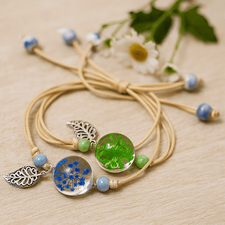 Pressed Flower Bracelet With Leaf In Glass - SHAMTAM.COM