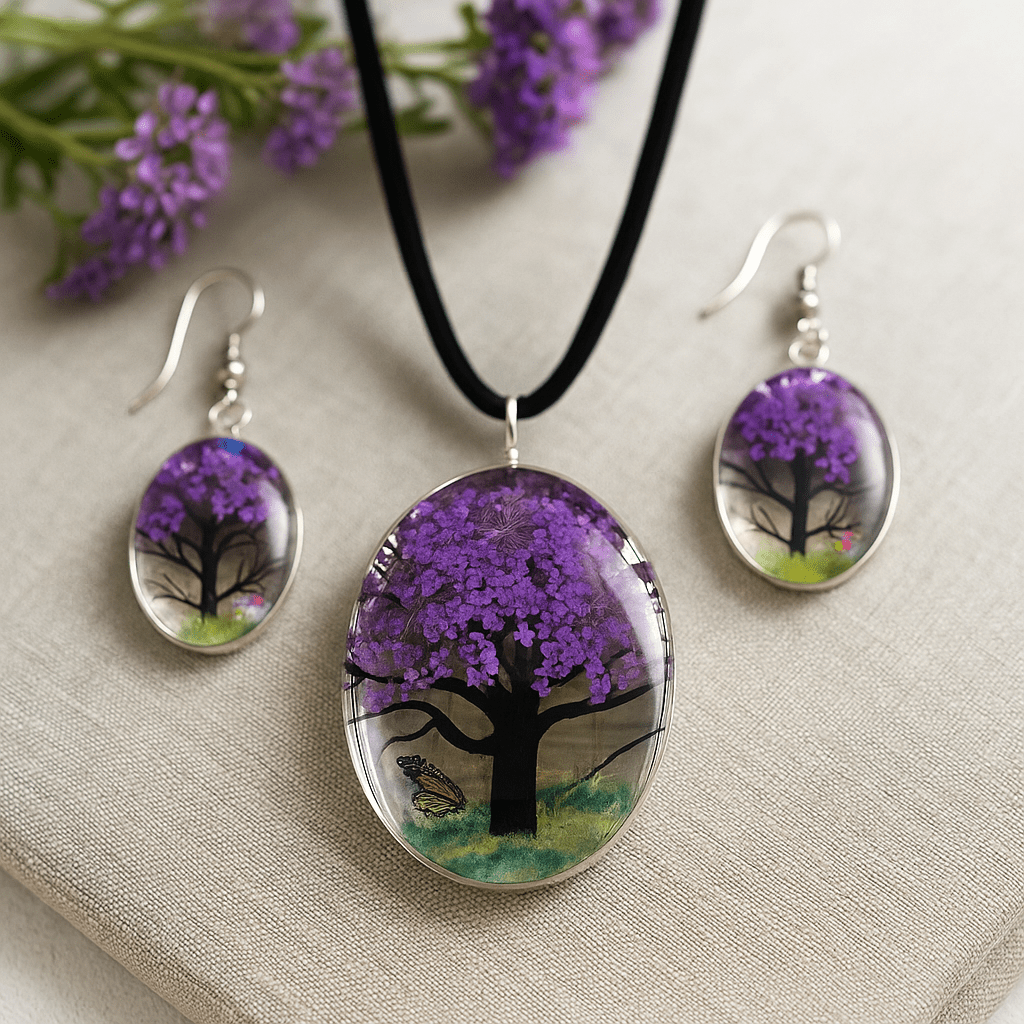 Pressed Flower Jewelry 3 - Piece Tree of Life Lavender - SHAMTAM.COM