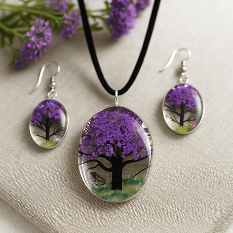 Pressed Flower Jewelry 3 - Piece Tree of Life Lavender - SHAMTAM.COM