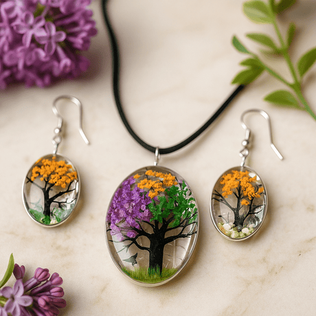 Pressed Flower Jewelry Set Tree of Life Multicolor - SHAMTAM.COM
