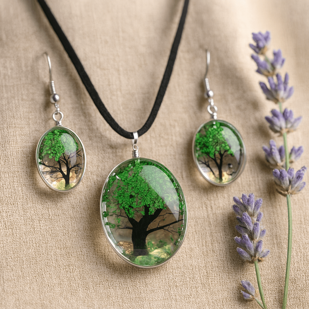 Pressed Flower Tree of Life Jewelry Set, Green - SHAMTAM.COM