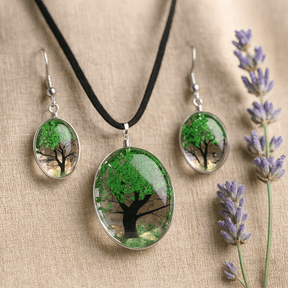 Pressed Flower Tree of Life Jewelry Set, Green - SHAMTAM.COM