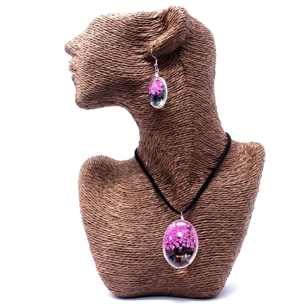 Pressed Flowers Jewelry - Tree of Life set - Bright Pink - SHAMTAM.COM