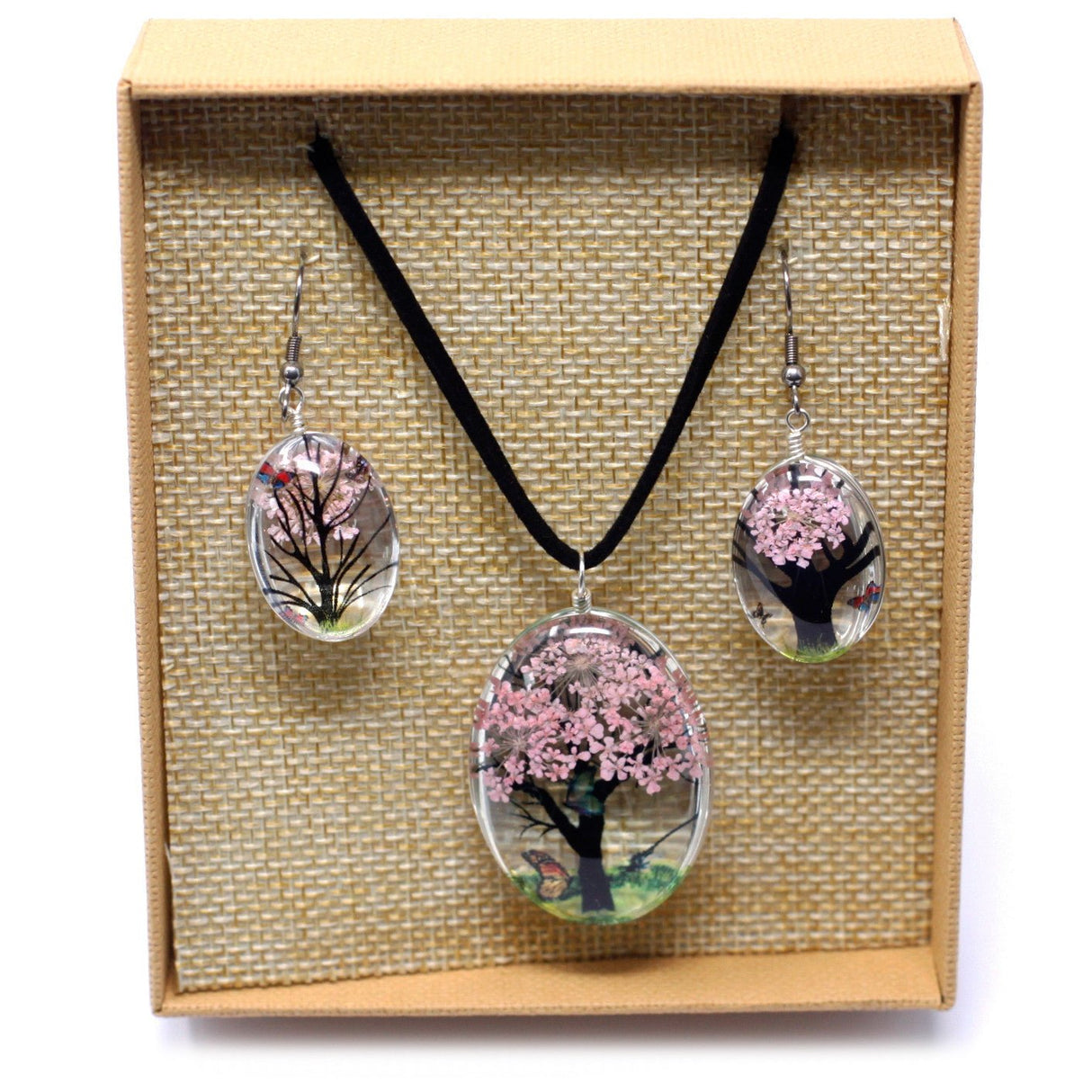 Pressed Flowers Jewelry - Tree of Life set - Pink - SHAMTAM.COM