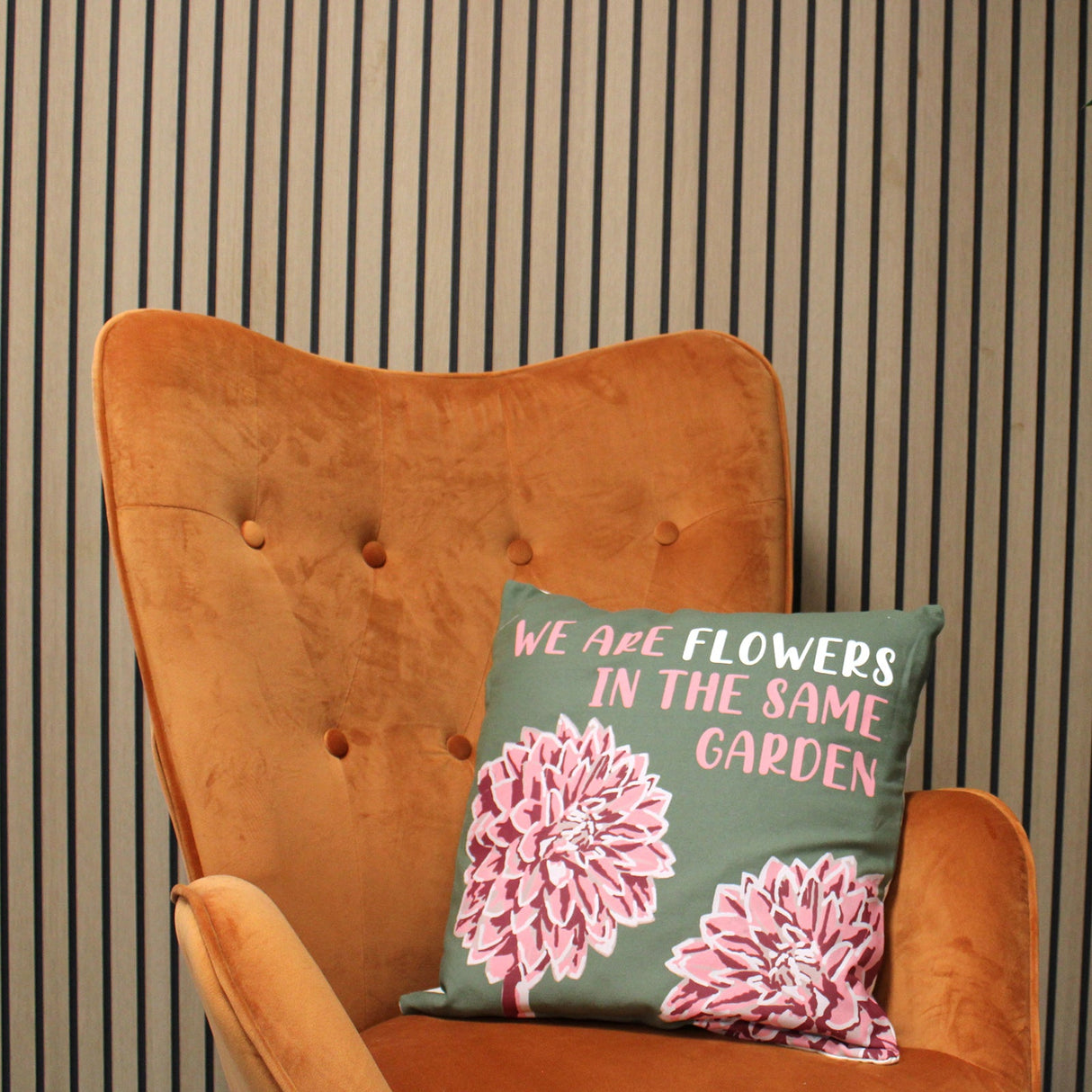 Printed Cotton Cushion Cover - We are Flowers - Olive, Pink and Natural - SHAMTAM.COM