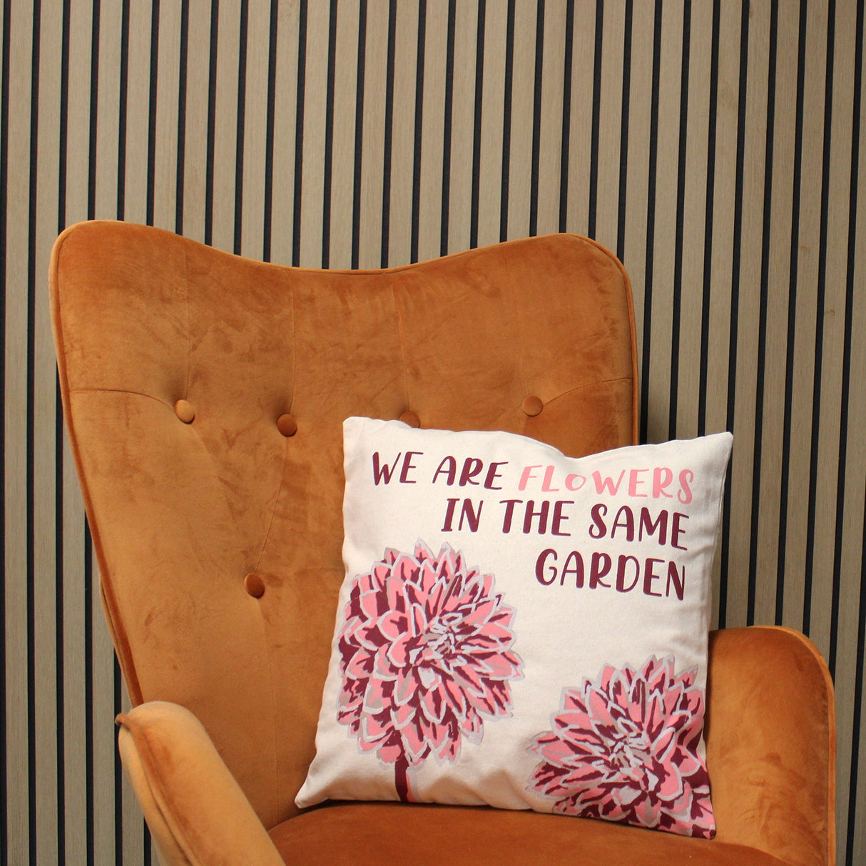 Printed Cotton Cushion Cover - We are Flowers - Olive, Pink and Natural - SHAMTAM.COM