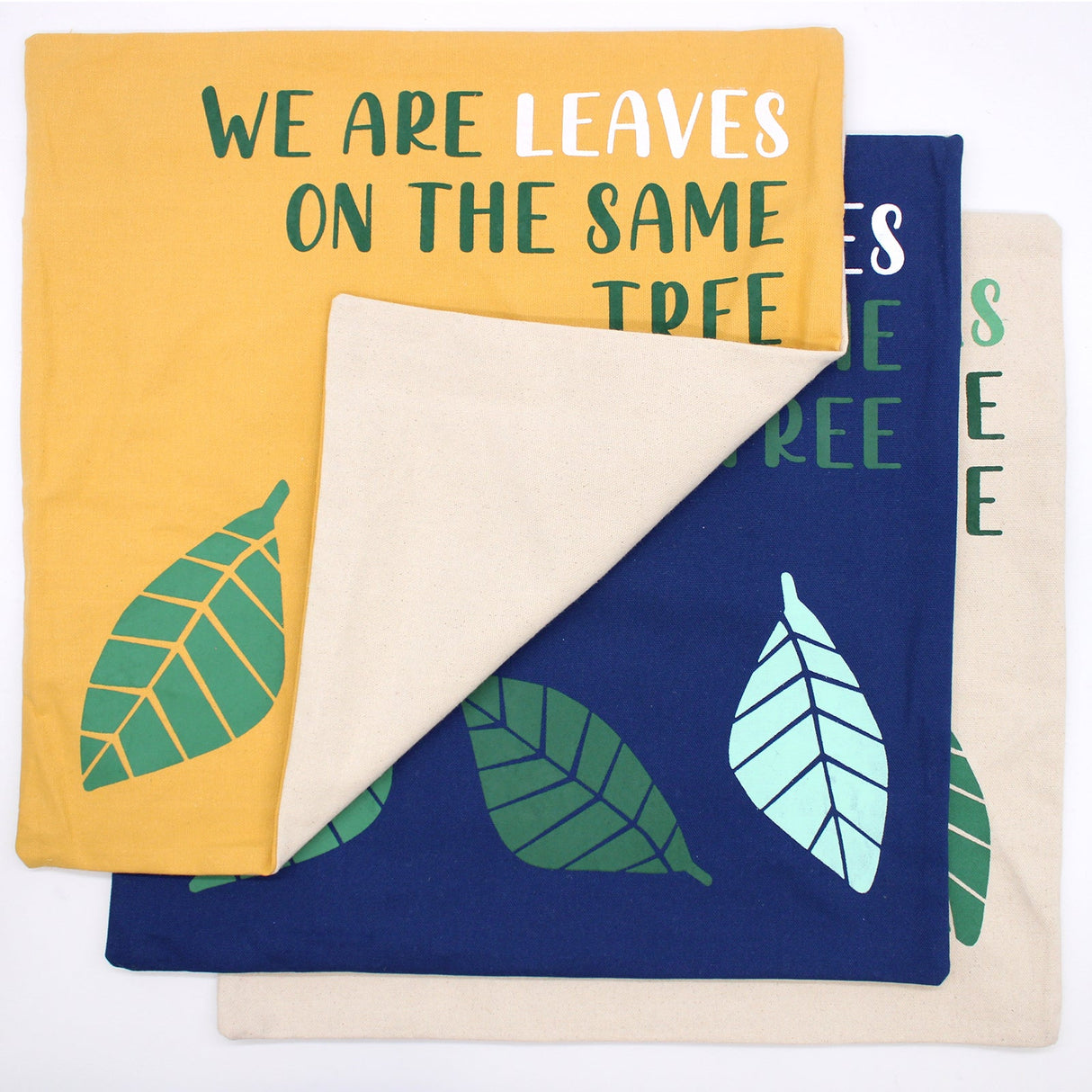 Printed Cotton Cushion Cover - We are Leaves - Yellow, Blue and Natural - SHAMTAM.COM