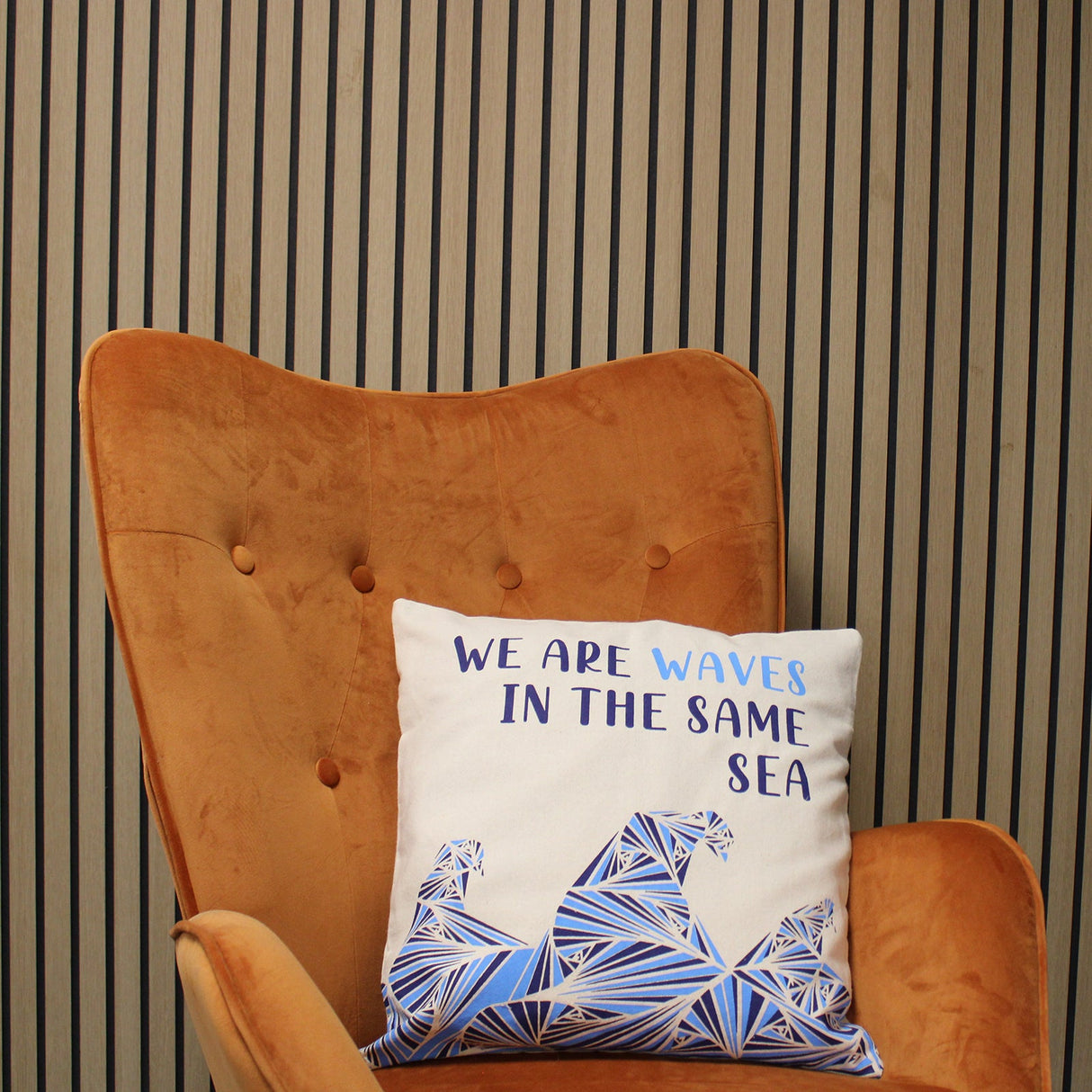 Printed Cotton Cushion Cover - We are Waves - Grey, Blue and Natural - SHAMTAM.COM