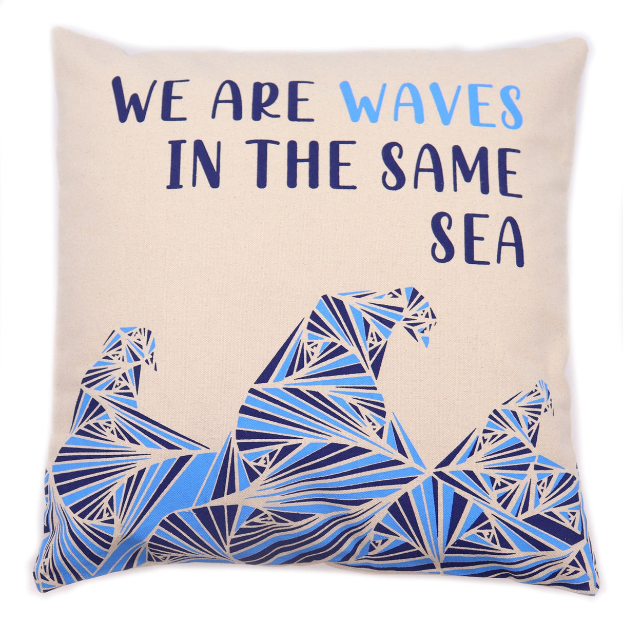 Printed Cotton Cushion Cover - We are Waves - Grey, Blue and Natural - SHAMTAM.COM