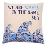 Printed Cotton Cushion Cover - We are Waves - Grey, Blue and Natural - SHAMTAM.COM