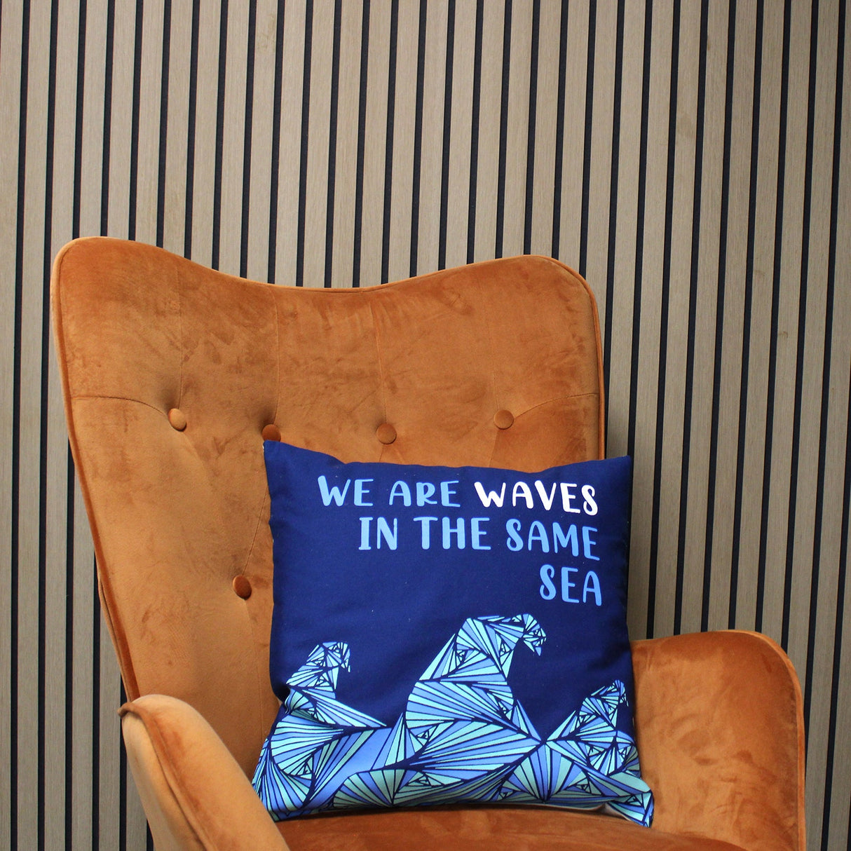 Printed Cotton Cushion Cover - We are Waves - Grey, Blue and Natural - SHAMTAM.COM